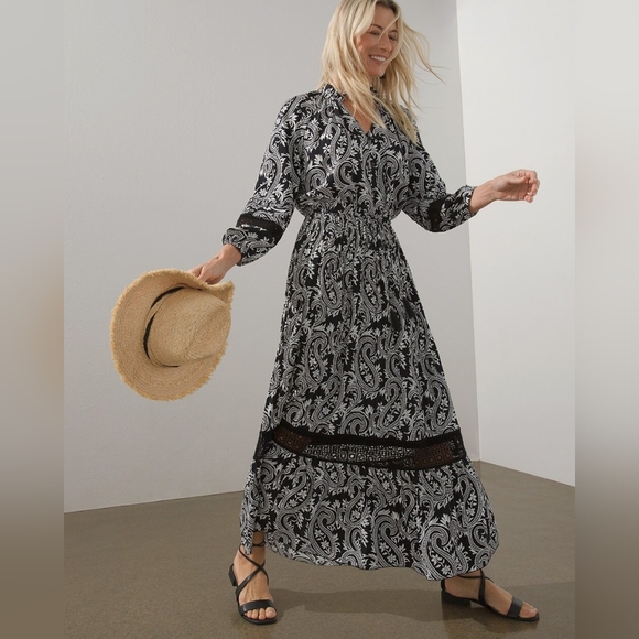 Chico's Paisley Black White Crochet Detail Ruffle Maxi Dress Women's Size 14 - Picture 3 of 14